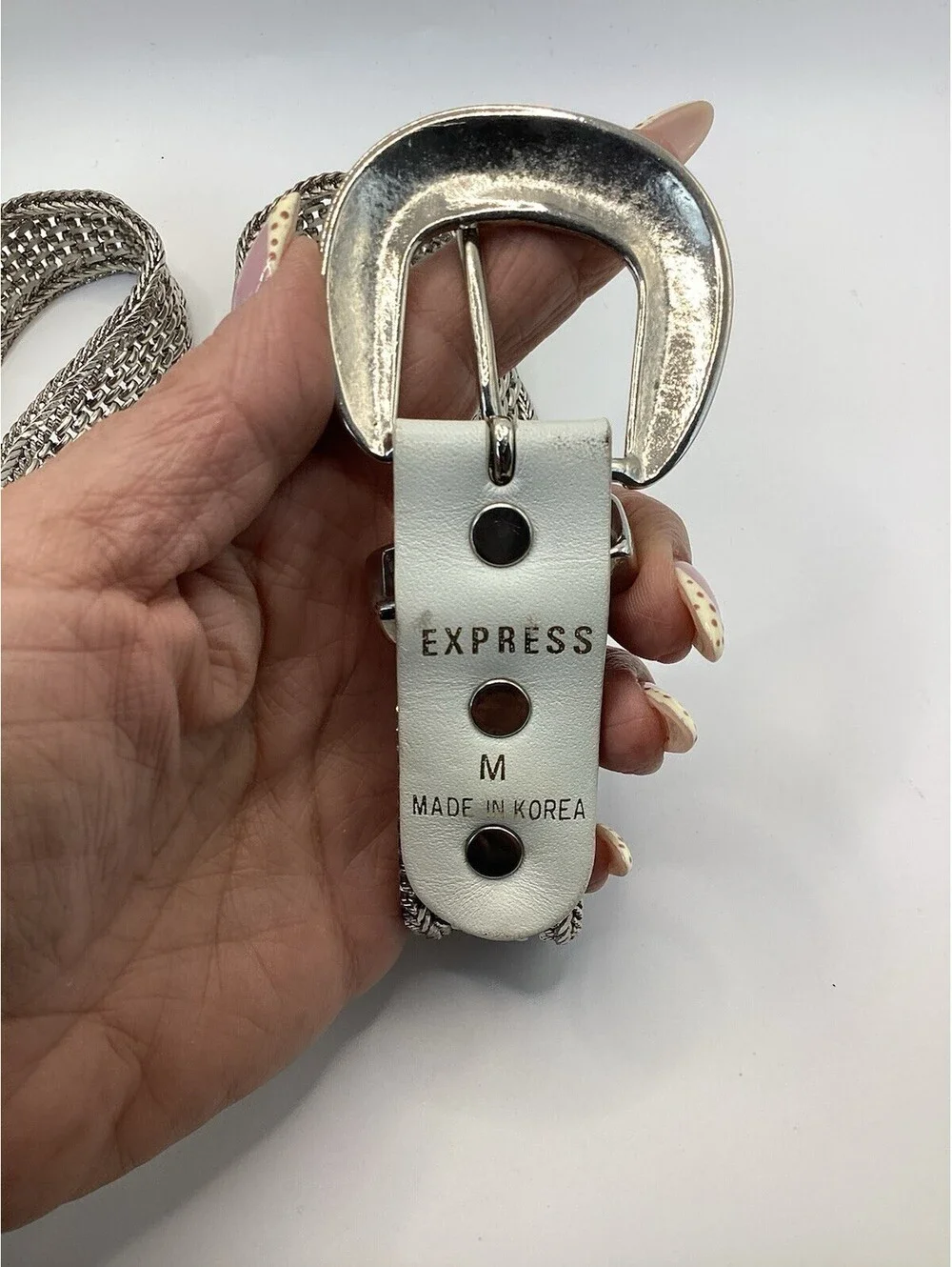 Express Silver Metallic Mesh Chain Belt Women Adjustable Statement Buckle Y2K